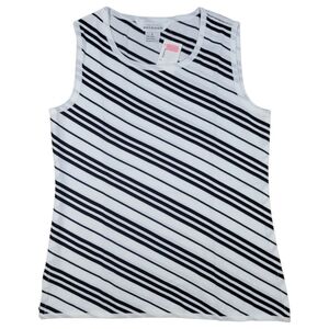 Misook Knit Tank Top Womens S‎ White Black Striped Round Neck Sleeveless Shell